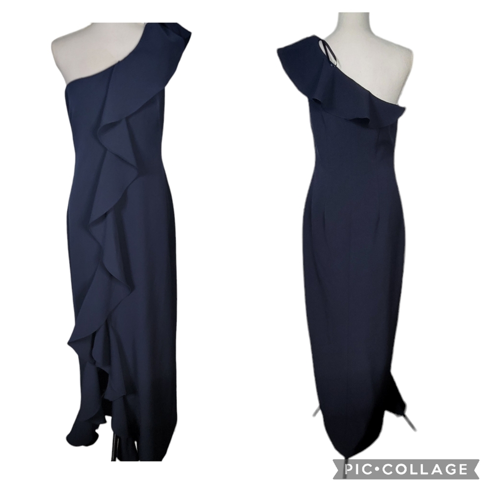 Eliza J Women's Dress Size 10 One Shoulder Ruffle Navy Maxi Gown Side - Picture 3 of 15